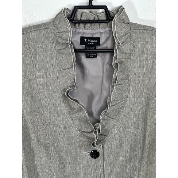 T. Milano Gray Ruffle 2-Piece Suit Set Blazer & Skirt Size 16W - Picture 4 of 12